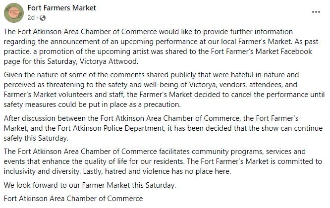 Fort Atkinson Farmers' Market Directors respond to hate